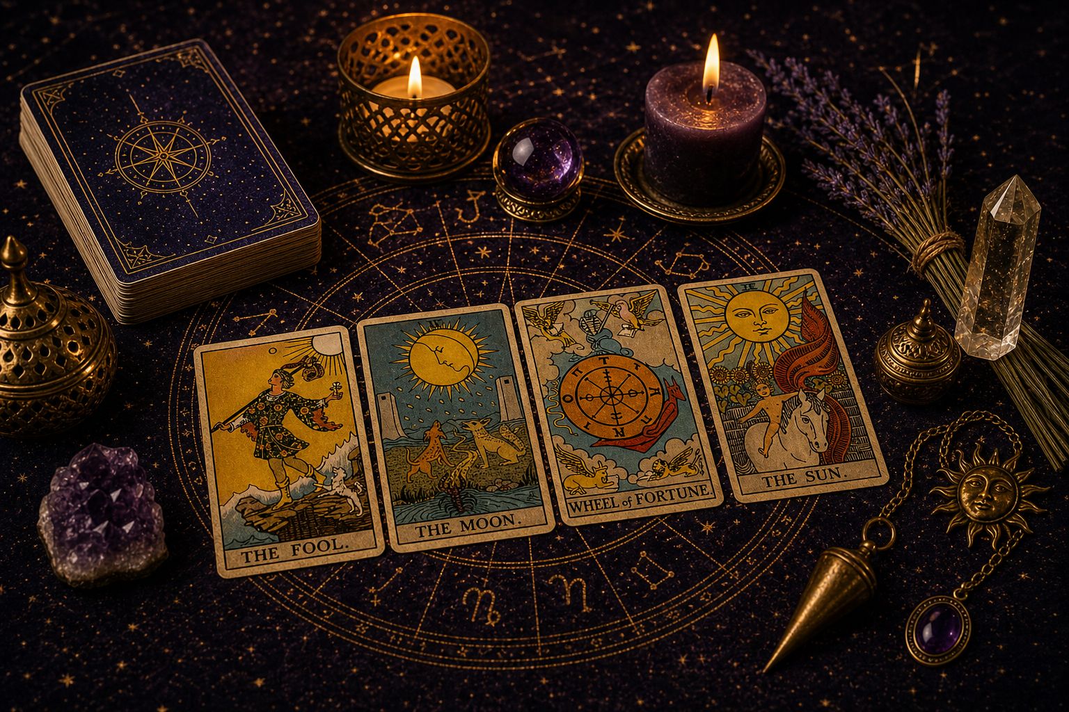Tarot cards and archetypal symbols from the Rider-Waite-Smith tradition